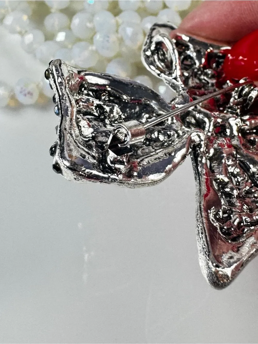 Vintage Black Crystal Bow Brooch - Silver Accents